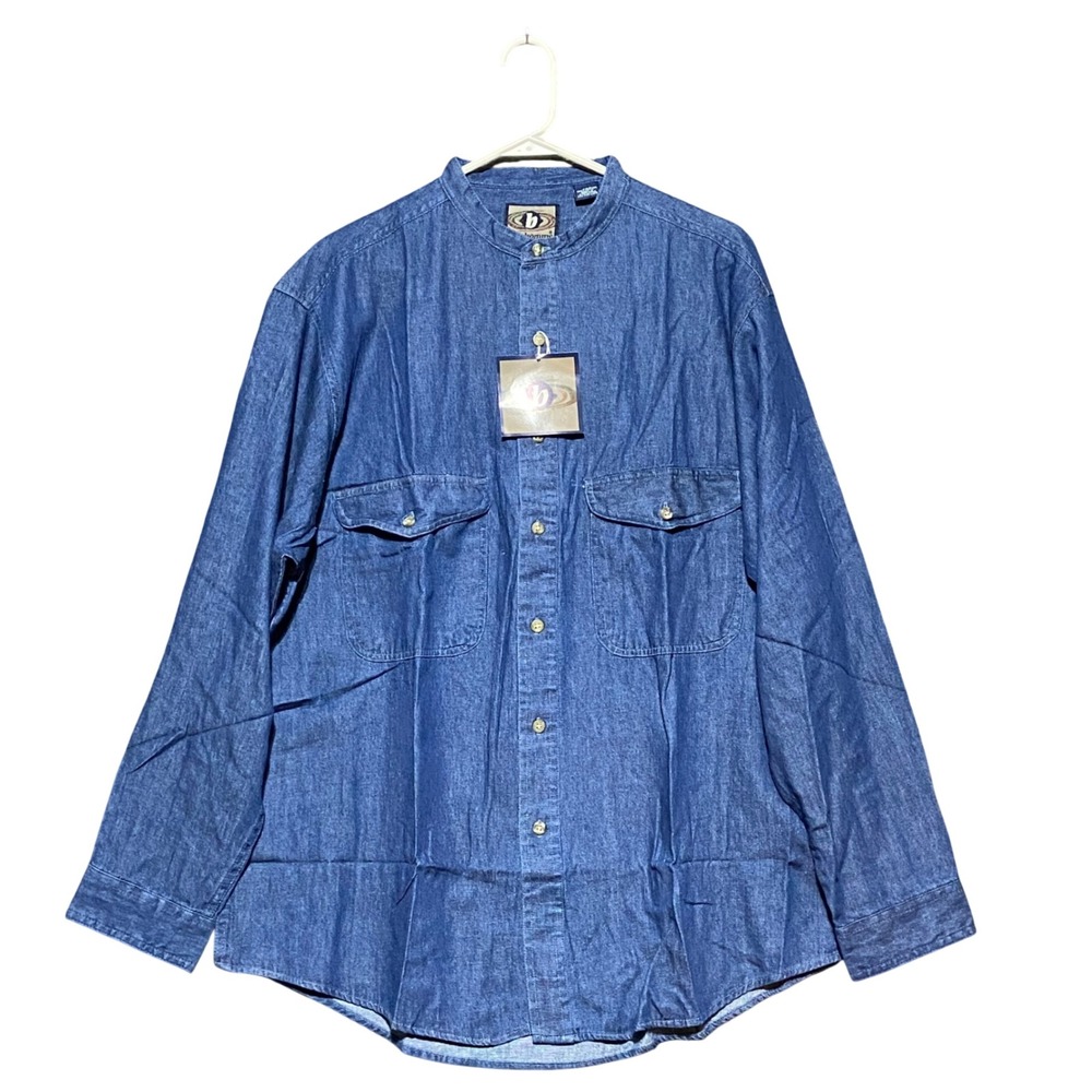 Bon Homme VTG Mens Blue Denim Band Collar Long Sleeve Button Up Shirt Large NWT